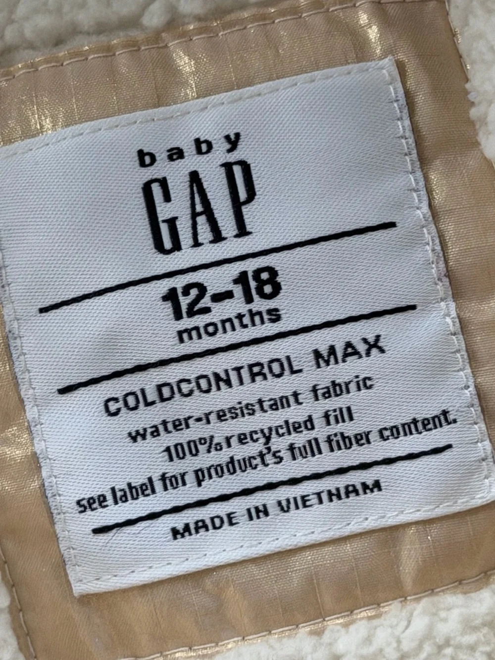GAP 12-18 months SOFT Golden Puffer Jacket sherpa lining warm water-resistant